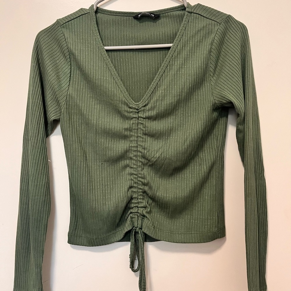 Olive Green Ribbed V-Neck Top